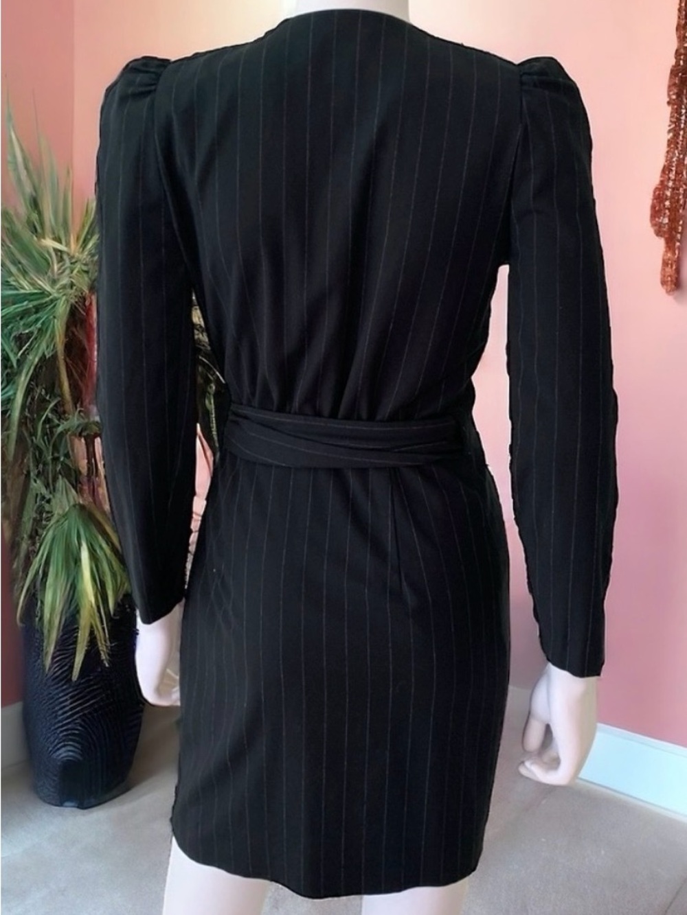 Navy Pinstripe Wrap Dress by Ba&sh. Tailored and extremely flattering.